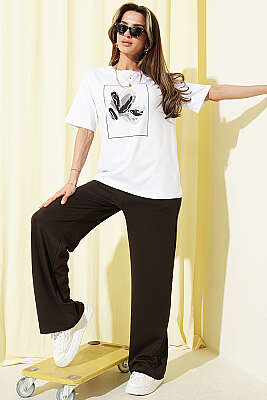 Çiçek Baskılı Loyşa T-shirt İkili Takım Acı Kahve - Kadın Giyim Modelleri