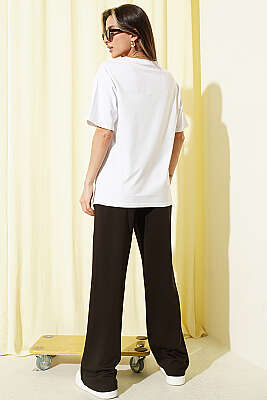 Çiçek Baskılı Loyşa T-shirt İkili Takım Acı Kahve - Kadın Giyim Modelleri