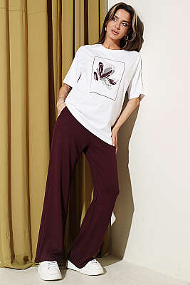 Çiçek Baskılı Loyşa T-shirt İkili Takım Bordo - HELLIE