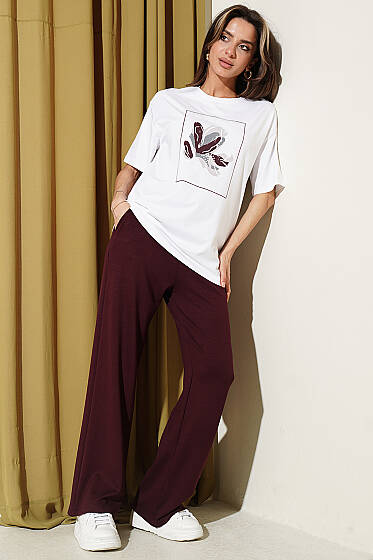 Çiçek Baskılı Loyşa T-shirt İkili Takım Bordo - Kadın Giyim Modelleri