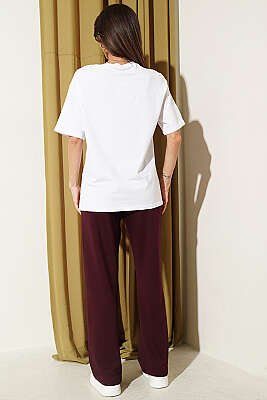 Çiçek Baskılı Loyşa T-shirt İkili Takım Bordo - Kadın Giyim Modelleri