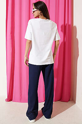 Çiçek Baskılı Loyşa T-shirt İkili Takım Lacivert - Kadın Giyim Modelleri