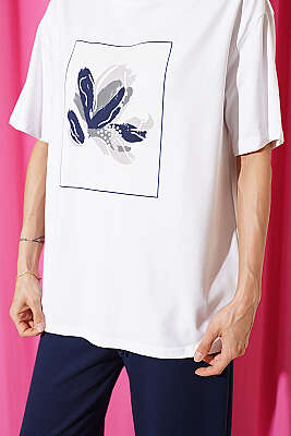 Çiçek Baskılı Loyşa T-shirt İkili Takım Lacivert - Kadın Giyim Modelleri