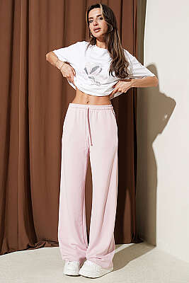 Çiçek Baskılı Loyşa T-shirt İkili Takım Pudra - HELLIE