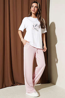 Çiçek Baskılı Loyşa T-shirt İkili Takım Pudra - Kadın Giyim Modelleri