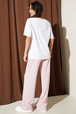 Çiçek Baskılı Loyşa T-shirt İkili Takım Pudra - Kadın Giyim Modelleri