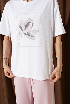 Çiçek Baskılı Loyşa T-shirt İkili Takım Pudra - Kadın Giyim Modelleri