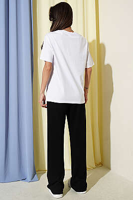 Çiçek Baskılı Loyşa T-shirt İkili Takım Siyah - Kadın Giyim Modelleri