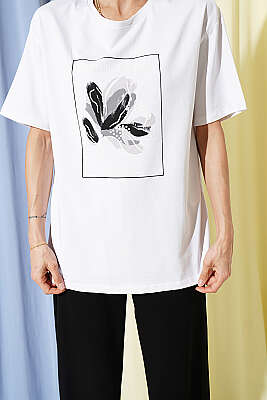 Çiçek Baskılı Loyşa T-shirt İkili Takım Siyah - Kadın Giyim Modelleri