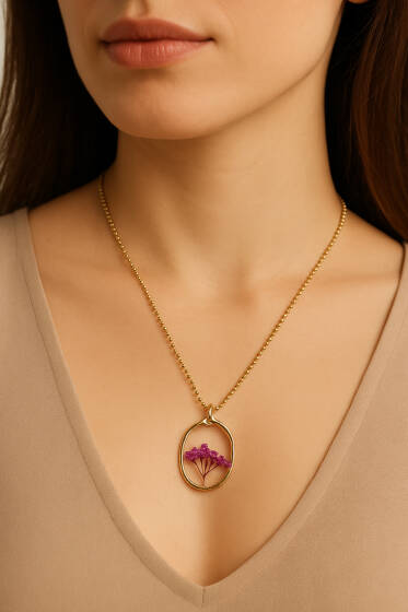 Çiçek Baskılı Zincir Kolye Gold - Kolye