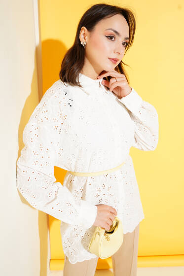 Çiçek Brodeli Gömlek Beyaz - Gömlek