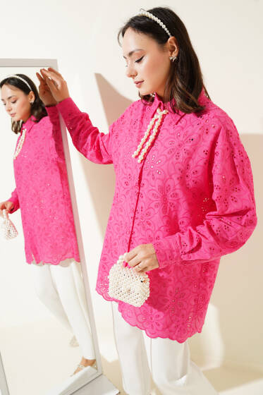 Çiçek Brodeli Gömlek Fuşya - Gömlek