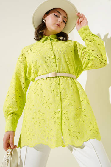 Çiçek Brodeli Gömlek Yeşil - Gömlek