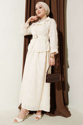 Çiçek Brodeli Kuşaklı Etekli İkili Takım Bej - NESSİA