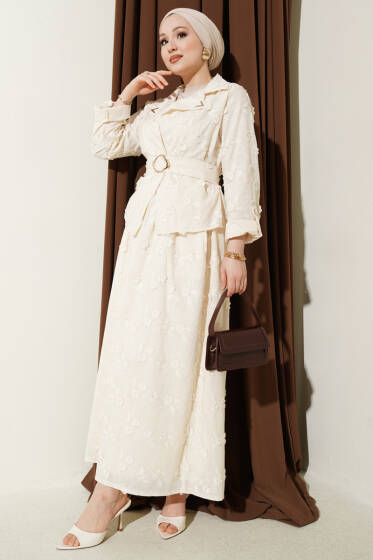 Çiçek Brodeli Kuşaklı Etekli İkili Takım Bej - İkili Takım