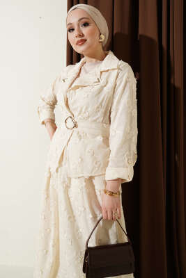 Çiçek Brodeli Kuşaklı Etekli İkili Takım Bej - İkili Takım