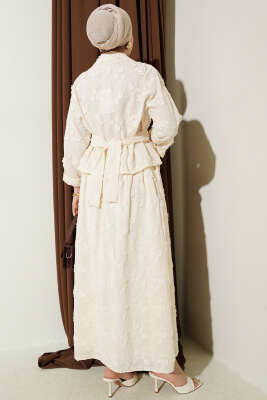 Çiçek Brodeli Kuşaklı Etekli İkili Takım Bej - İkili Takım