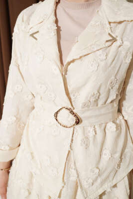 Çiçek Brodeli Kuşaklı Etekli İkili Takım Bej - İkili Takım