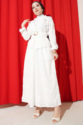 Çiçek Brodeli Kuşaklı Etekli İkili Takım Ekru - NESSİA