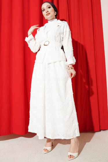 Çiçek Brodeli Kuşaklı Etekli İkili Takım Ekru - İkili Takım