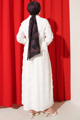 Çiçek Brodeli Kuşaklı Etekli İkili Takım Ekru - İkili Takım