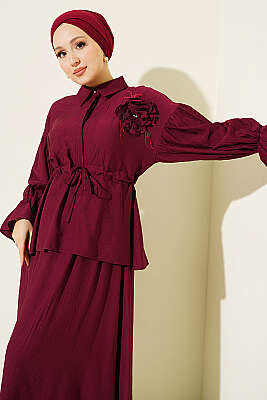 Çiçek Broşlu Bel Tünelli Etekli Takım Bordo - EFSUN MODA