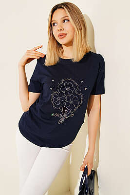 Çiçek Buketli Taşlı T-shirt Lacivert - Kadın Giyim Modelleri
