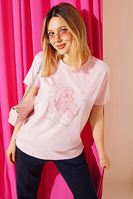 Çiçek Buketli Taşlı T-shirt Pembe - DESTİNA