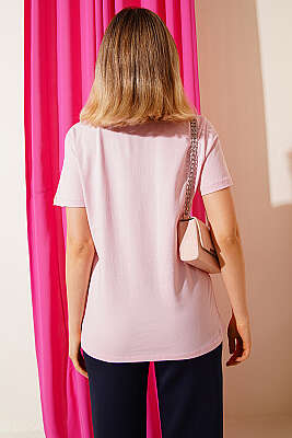 Çiçek Buketli Taşlı T-shirt Pembe - Kadın Giyim Modelleri
