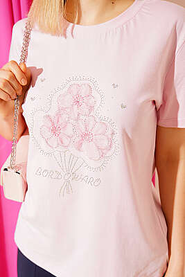 Çiçek Buketli Taşlı T-shirt Pembe - Kadın Giyim Modelleri