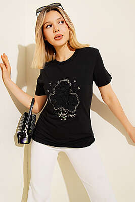 Çiçek Buketli Taşlı T-shirt Siyah - DESTİNA