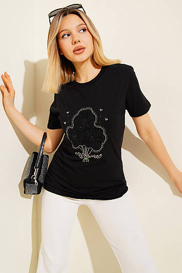 Çiçek Buketli Taşlı T-shirt Siyah - Kadın Giyim Modelleri