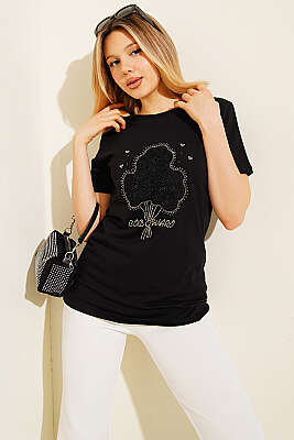 Çiçek Buketli Taşlı T-shirt Siyah - Kadın Giyim Modelleri