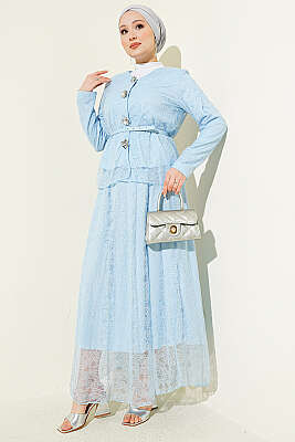 Çiçek Çıtçıtlı Dantelli Etekli İkili Takım Bebe Mavi 