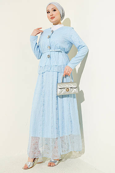 Çiçek Çıtçıtlı Dantelli Etekli İkili Takım Bebe Mavi - İkili Takım