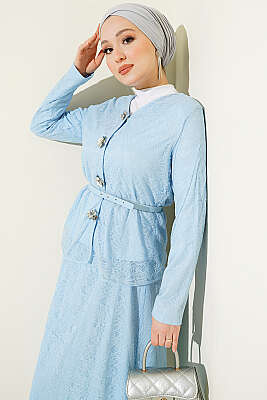 Çiçek Çıtçıtlı Dantelli Etekli İkili Takım Bebe Mavi - İkili Takım