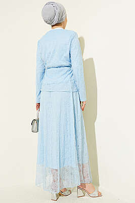 Çiçek Çıtçıtlı Dantelli Etekli İkili Takım Bebe Mavi - İkili Takım