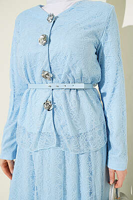 Çiçek Çıtçıtlı Dantelli Etekli İkili Takım Bebe Mavi - İkili Takım