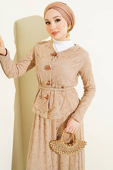 Çiçek Çıtçıtlı Dantelli Etekli İkili Takım Bej - İkili Takım
