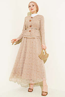 Çiçek Çıtçıtlı Dantelli Etekli İkili Takım Bej - İkili Takım