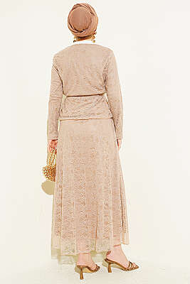 Çiçek Çıtçıtlı Dantelli Etekli İkili Takım Bej - İkili Takım