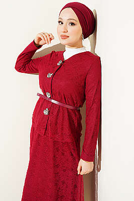 Çiçek Çıtçıtlı Dantelli Etekli İkili Takım Bordo - İkili Takım