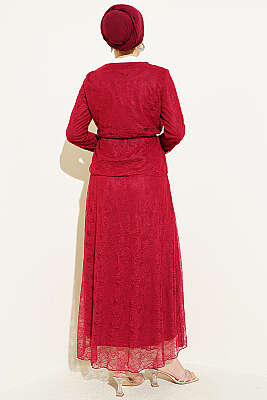 Çiçek Çıtçıtlı Dantelli Etekli İkili Takım Bordo - İkili Takım