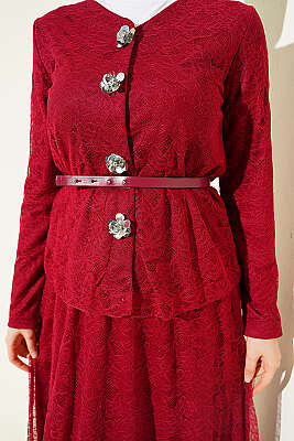 Çiçek Çıtçıtlı Dantelli Etekli İkili Takım Bordo - İkili Takım