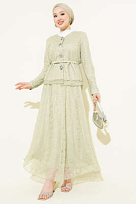 Çiçek Çıtçıtlı Dantelli Etekli İkili Takım Çağla Yeşili 