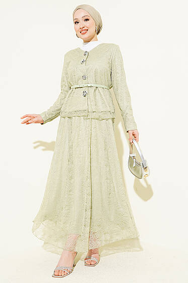 Çiçek Çıtçıtlı Dantelli Etekli İkili Takım Çağla Yeşili - İkili Takım