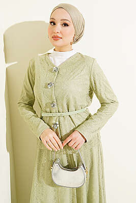 Çiçek Çıtçıtlı Dantelli Etekli İkili Takım Çağla Yeşili - İkili Takım