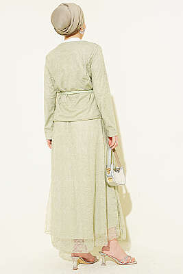 Çiçek Çıtçıtlı Dantelli Etekli İkili Takım Çağla Yeşili - İkili Takım