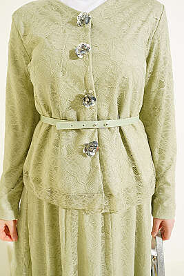 Çiçek Çıtçıtlı Dantelli Etekli İkili Takım Çağla Yeşili - İkili Takım