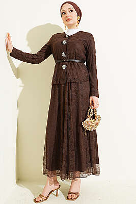 Çiçek Çıtçıtlı Dantelli Etekli İkili Takım Kahve - İkili Takım